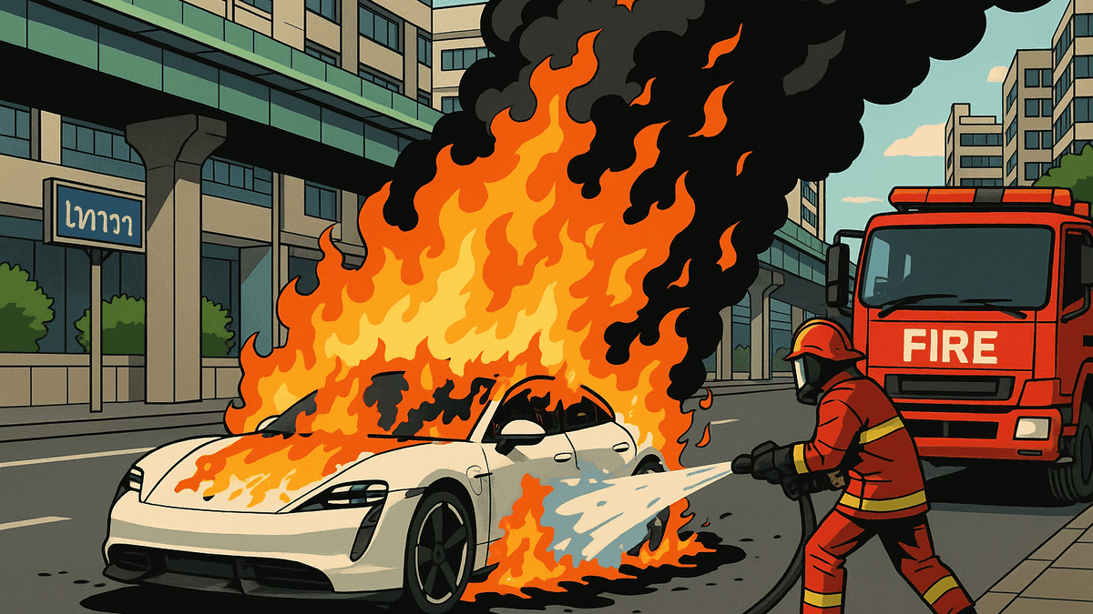 バンコクで700万バーツのポルシェ・タイカンが炎上、消防隊がEV火災の消火に苦戦