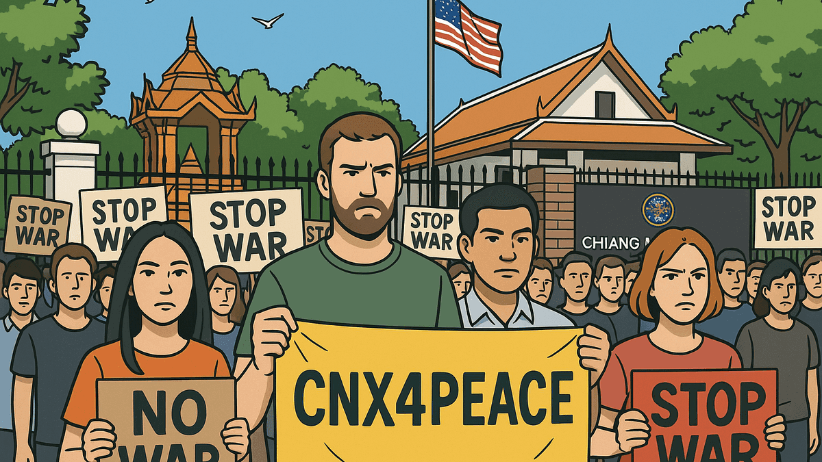 チェンマイの米国領事館前でタイ人と外国人住民50人が反戦デモ