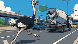 ダチョウが高速道路を15km疾走、セメントトラックに並走