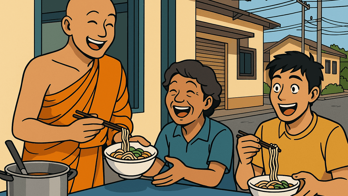 僧侶が1杯5バーツの麺を提供、物価高に苦しむ住民を支える