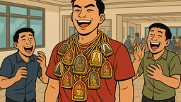 徴兵くじに仏像を首から大量にぶら下げた青年が登場、会場が爆笑