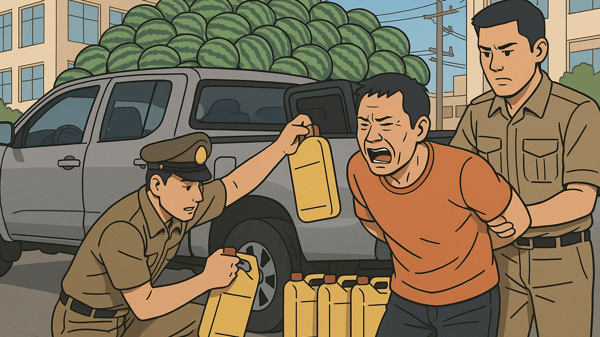 スイカ山積みの下にガソリン400L、ミャンマー密輸で56歳男逮捕