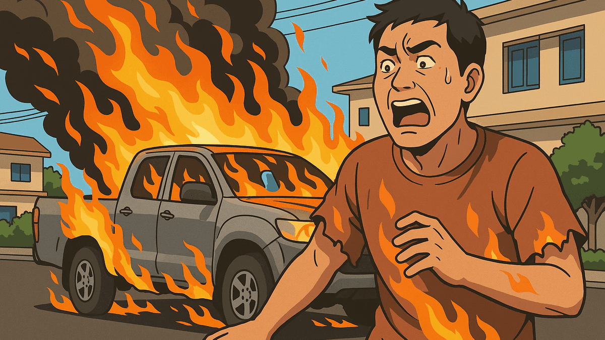 猛暑で車内のペットボトルから発火、ピックアップが全焼し所有者も火傷