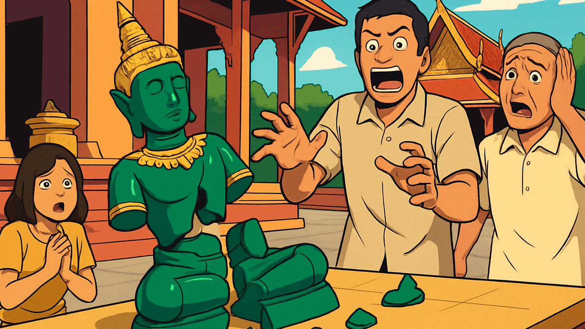 参拝者の目の前でエメラルド仏レプリカが落下、3つに割れる