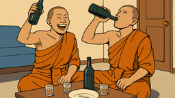 僧侶風の男2人がソンクラン宴会で飲酒、皿に有名寺の名前