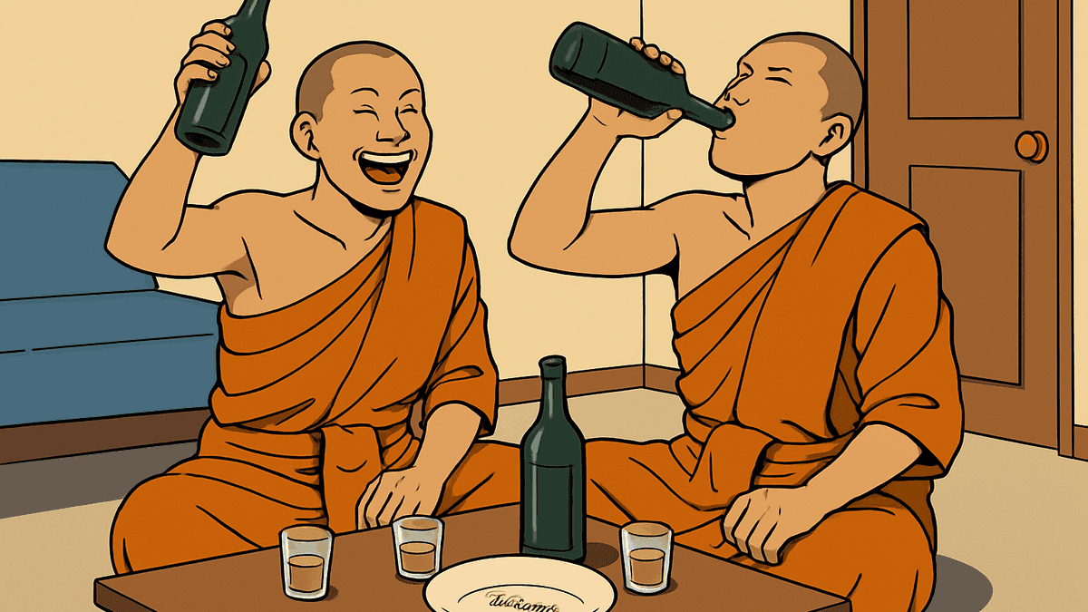 僧侶風の男2人がソンクラン宴会で飲酒、皿に有名寺の名前