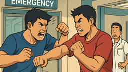 路上の乱闘が病院の救急室に持ち越し、搬送先で再び殴り合い