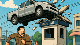 居眠りピックアップが空を飛んで警察ボックスに激突、警官は奇跡の生還