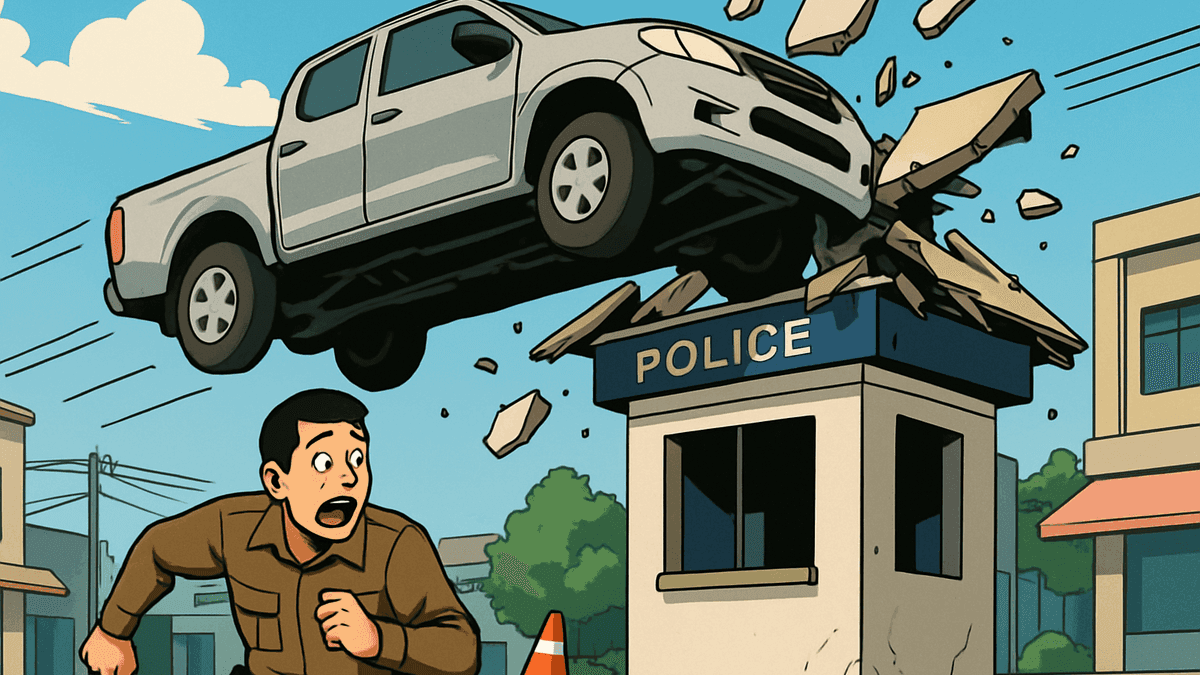 居眠りピックアップが空を飛んで警察ボックスに激突、警官は奇跡の生還