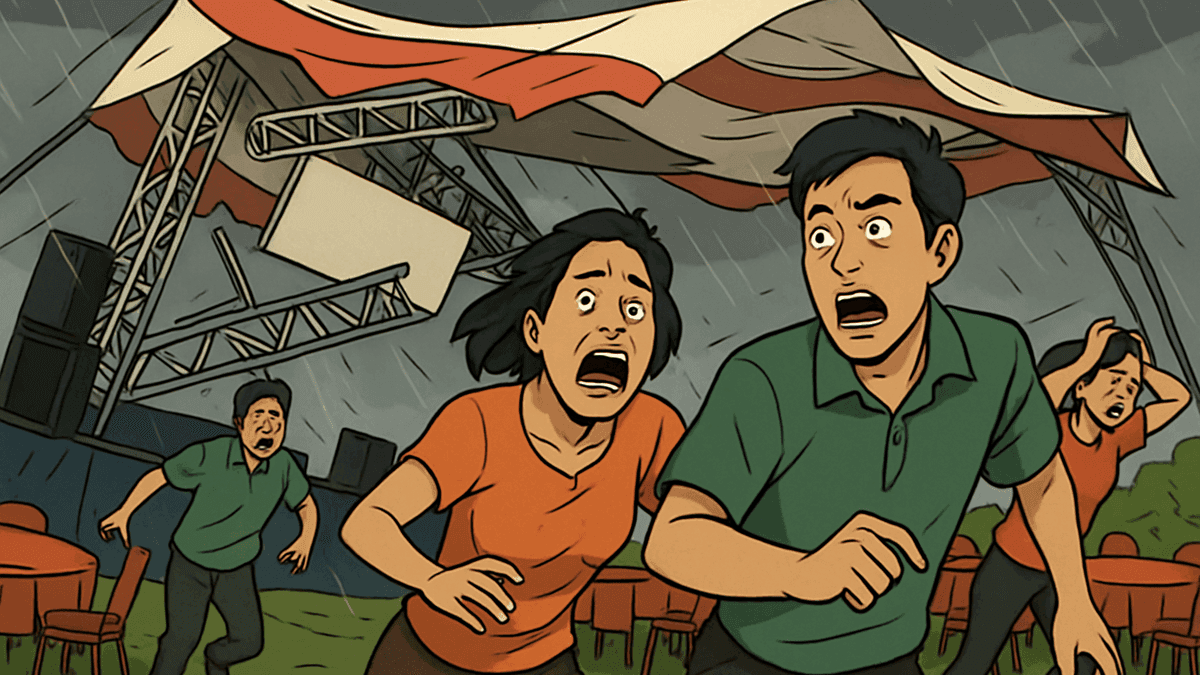 新築祝いの大宴会に嵐が直撃、ステージごと崩壊し客が逃げ惑う