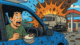 車内で豚肉もち米を食べていたら隣のトイレ汲み取り車が爆発、「ココアクランチ」に