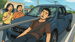 パトゥムターニーで28歳ピックアップ運転手が居眠り、鉄棒1mが車貫通し腹部刺さり死亡