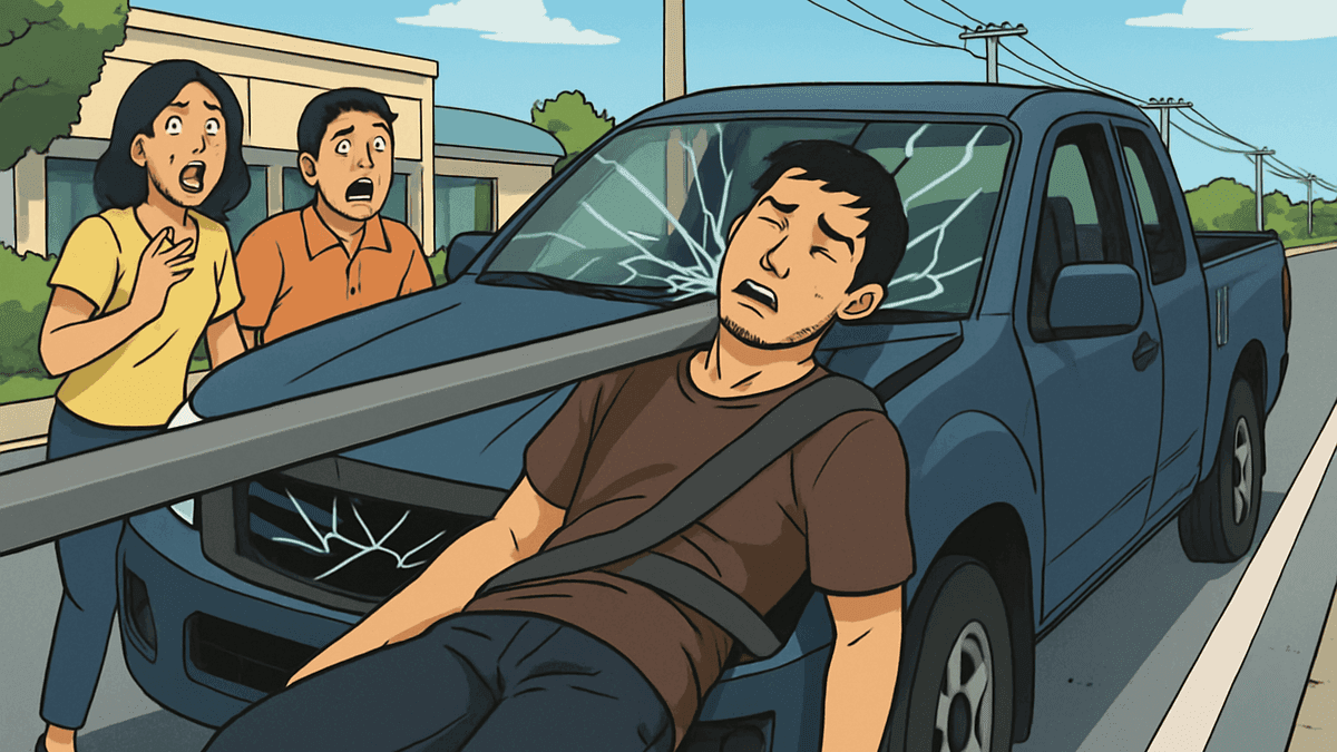 パトゥムターニーで28歳ピックアップ運転手が居眠り、鉄棒1mが車貫通し腹部刺さり死亡