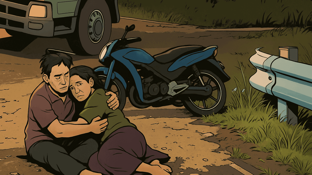 サムットプラカーンで夫婦バイクが砂で滑りトラックに轢かれ抱き合って死亡、ミャンマー人